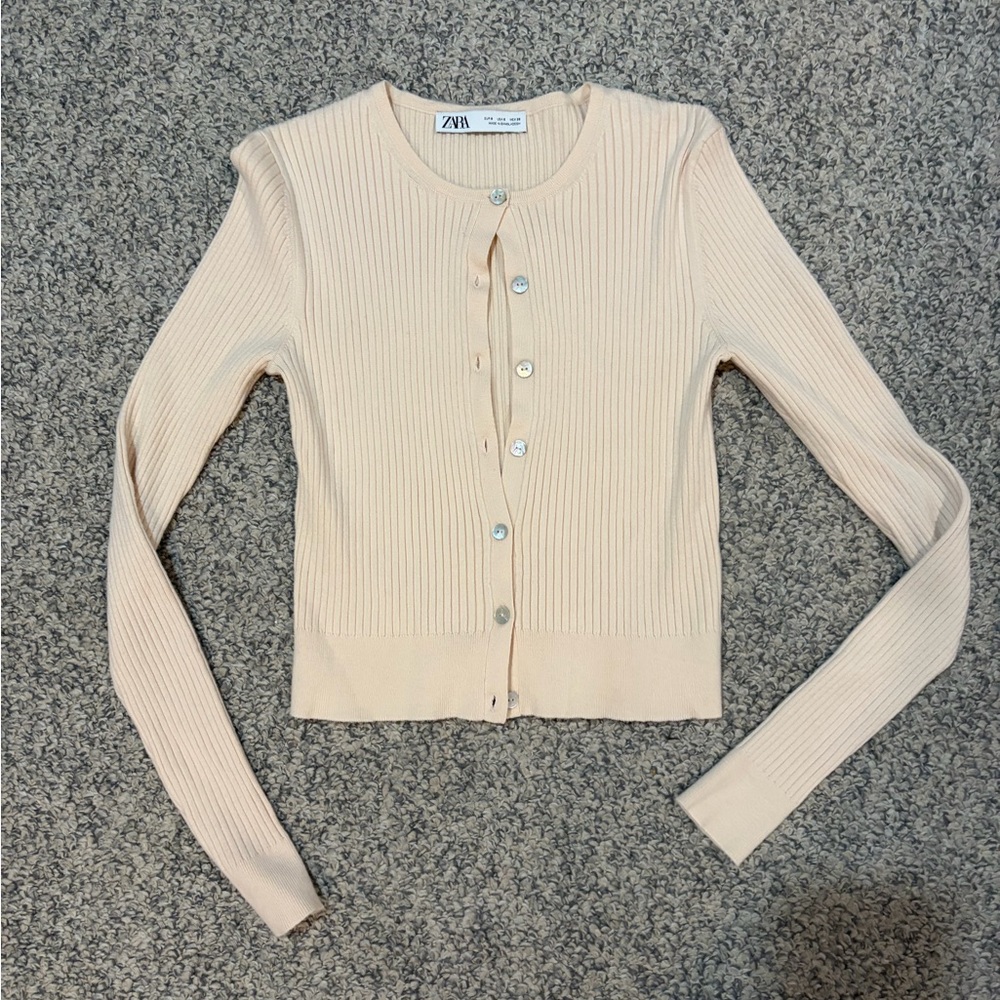 Zara Pale Peach Ribbed Button-Front Cardigan